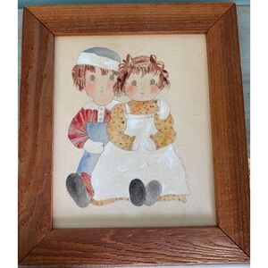 Raggedy Ann & Andy Painted by Diane Alberts Hand Painted Fabric Folk Art Framed